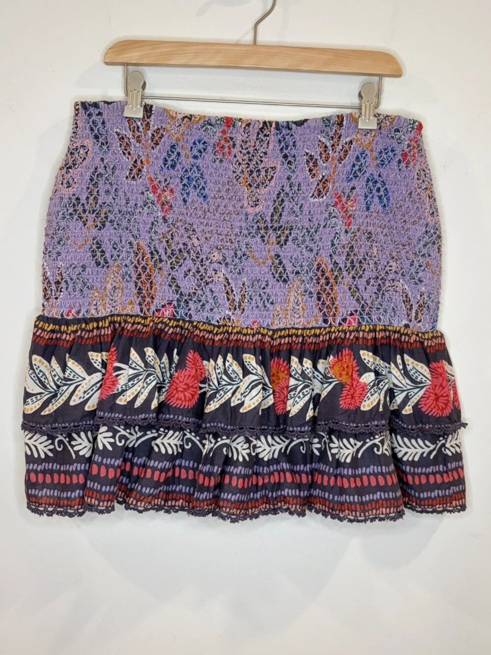FARM RIO Wild Night Lavender Smocked Ruffled Floral Print Mini Skirt Sz L Boho - Picture 6 of 14